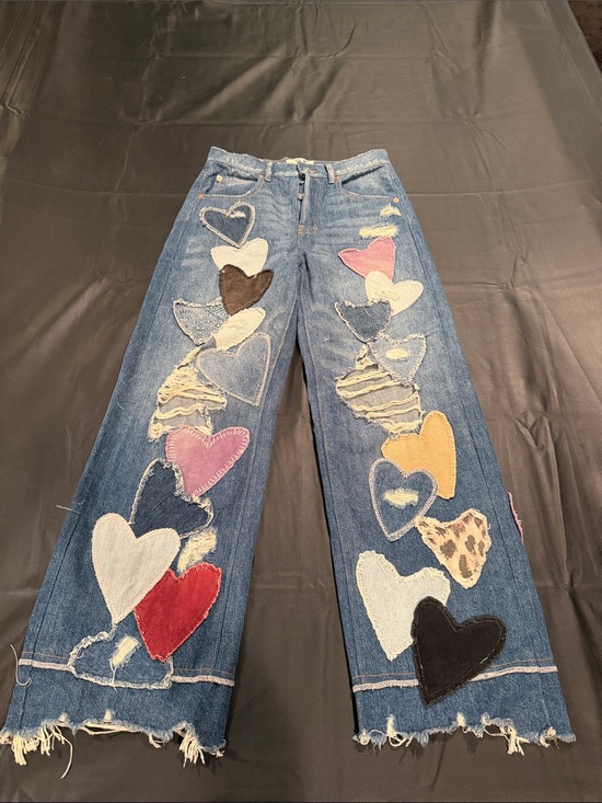We The Free Denim - We The Free Denim Wide-Leg Jeans with Multicolor Heart Patches